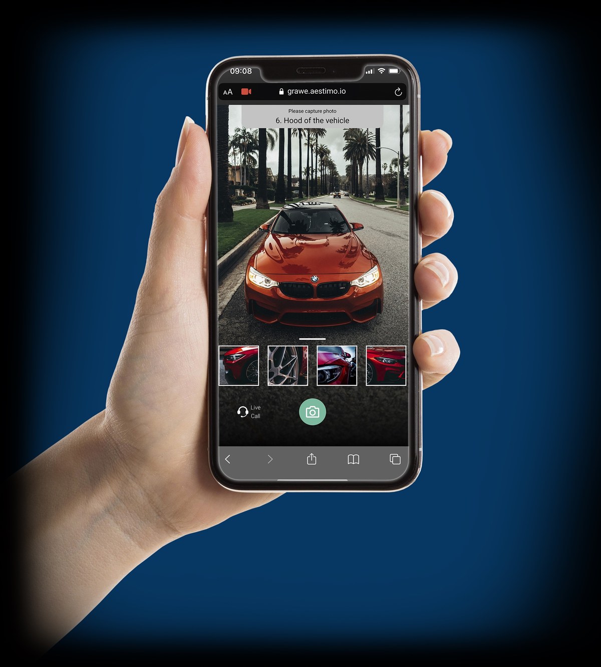 The Aestimo PWA running in mobile Safari: capture guidance, live photo of car hood, thumbnails of completed captures, and a green camera button